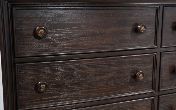 Traditional Regency Cherry 6 Drawer Dresser in dark oak veneer with hardwood solids, featuring ornate round brass knobs and framed drawer fronts.