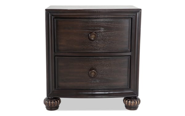 Regency Cherry 2 Drawer Nightstand in dark hardwood solids and oak veneers, traditional style with ornate round feet and easy-open drawers.