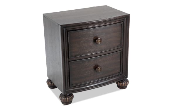Regency Cherry 2 Drawer Nightstand in traditional style with dark oak veneers, hardwood solids, ornate carved feet, and easy-open drawers from Regency Bedroom collection.