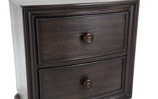 Traditional Regency Cherry 2 Drawer Nightstand with dark oak veneer, hardwood solids, ornate round drawer knobs, and framed drawer fronts.