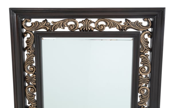 Regency Cherry Floor Mirror from the Regency Bedroom collection, traditional style with dark hardwood solids, oak veneers, and MDF frame featuring ornate gold-accented scrollwork.