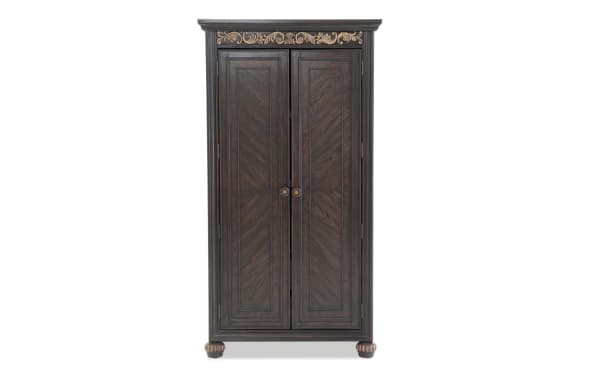 Regency Cherry 2 Drawer Armoire in traditional style with dark hardwood solids, oak veneers, MDF, ornate carved top trim, and decorative feet.