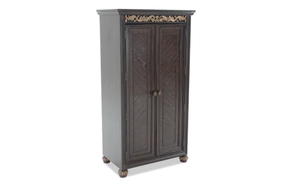 Regency Cherry 2 Drawer Armoire in traditional style with dark hardwood solids, oak veneers, MDF, ornate carved feet, tall paneled doors, and cedar lining.