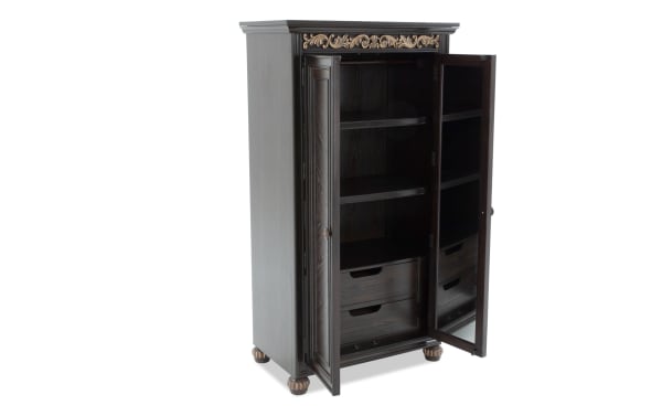 Regency Cherry 2 Drawer Armoire in dark hardwood solids, oak veneers, and MDF with traditional style, tall doors, carved feet, cedar lining, and easy-open drawers.