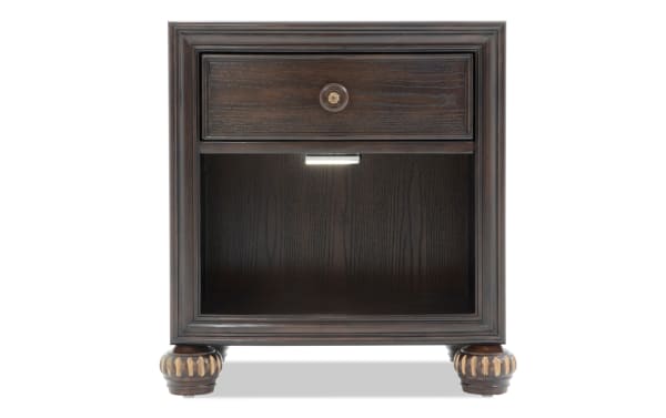 Regency Cherry Nightstand with Drawer in traditional style, dark hardwood solids and oak veneers, featuring ornate feet, one drawer with brass knob, open shelf with LED lighting.