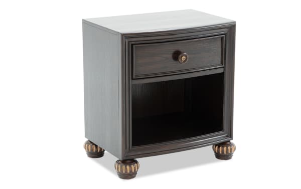 Regency Cherry Nightstand with Drawer in dark oak finish, traditional style with hardwood solids, oak veneers, MDF, featuring ornate carved feet and a single knob drawer.
