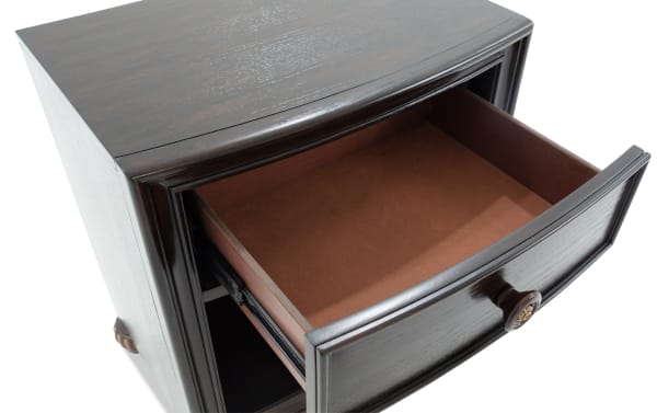 Regency Cherry Nightstand with Drawer in traditional style, featuring dark hardwood solids, oak veneers, curved front drawer with knob, and smooth finish.
