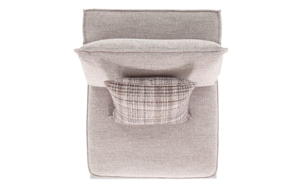 Infinity Gray Armless Chair in gray polyester fabric with feather-blend accent pillows, removable cushions, and a Siberian pine frame.