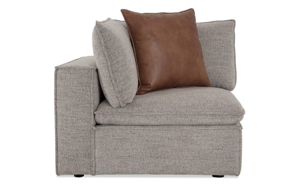 Gray Infinity Gray Corner sectional sofa with transitional style, polyester fabric upholstery, Bob-O-Pedic® stuffed seat, feather-blend pillows, and sturdy Siberian pine frame.