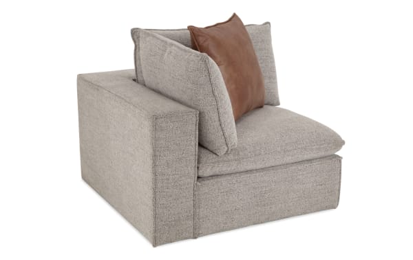 Infinity Gray Corner modular sectional seat in transitional style, gray polyester fabric with Bob-O-Pedic® stuffing, feather blend pillows, and removable cushions