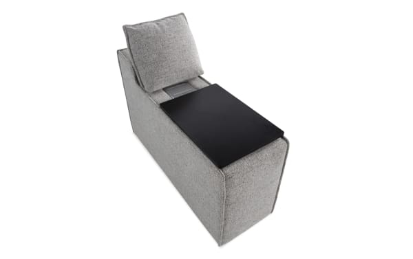 Gray Infinity modular media console in transitional style, upholstered in polyester fabric, featuring built-in USB and USB-C ports with Bluetooth speaker integration.