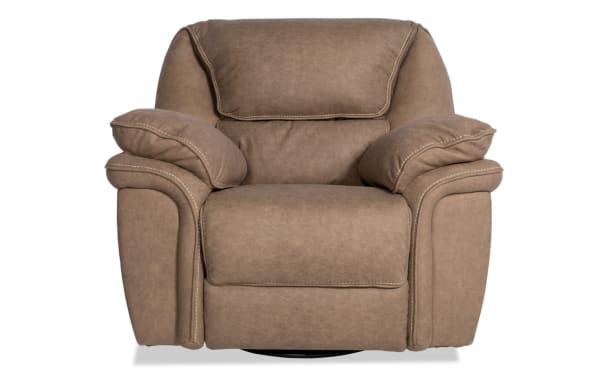 Rio Brown Swivel Glider Recliner in brown faux leather with plush cushioning, transitional track arms, power recline, and 360° swivel base for living room comfort.