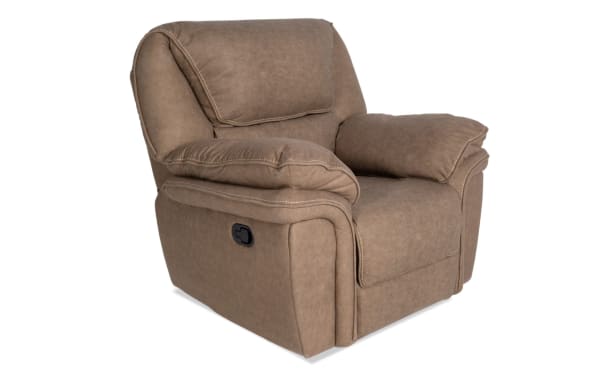 Rio Brown Swivel Glider Recliner in brown faux leather with plush cushioning, transitional track arms, and power recline for living room comfort.