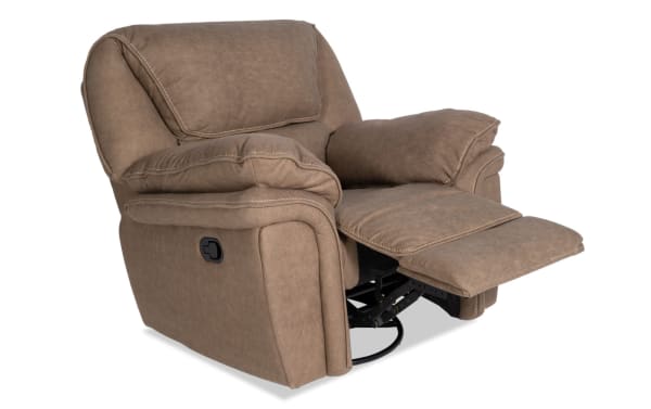 Rio Brown Swivel Glider Recliner in brown faux leather with plush cushioning, transitional style, power recline, swivel and glide functions for living room comfort.