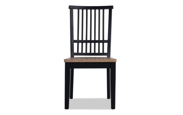 Modern Farmhouse Black & Oak Slat Back Dining Chair with two-toned oak veneer seat and black MDF hardwood frame, farmhouse style seating.