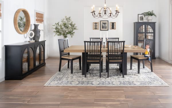 Modern Farmhouse Dining room featuring black & oak slat back chairs with two-toned oak veneer seats and MDF hardwood frames, farmhouse style.