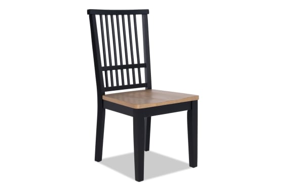 Modern Farmhouse Black & Oak Slat Back Dining Chair with two-toned oak veneer seat and black MDF hardwood frame, farmhouse style seating.
