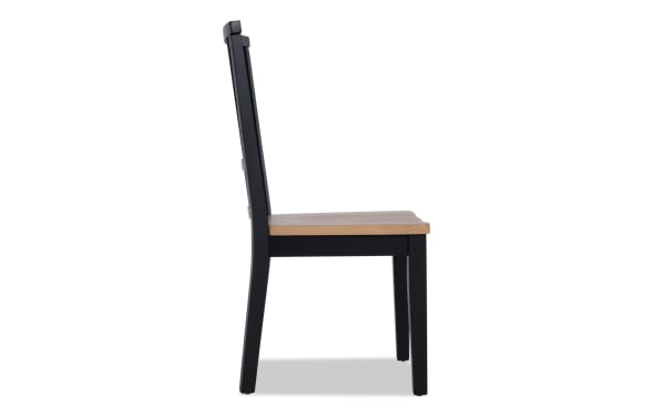 Modern Farmhouse Black & Oak Slat Back Dining Chair with two-toned oak veneer seat and black MDF hardwood frame, farmhouse style seating.
