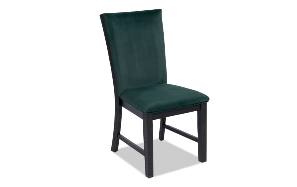 Contemporary Cosmopolitan Dining Chair with emerald green velvet upholstery, espresso-finished rubberwood legs, and memory foam seat for comfort.