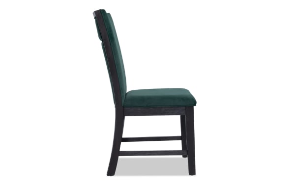 Contemporary Cosmopolitan Dining Chair with emerald green velvet upholstery, espresso-finished rubberwood legs, and memory foam seat cushion.