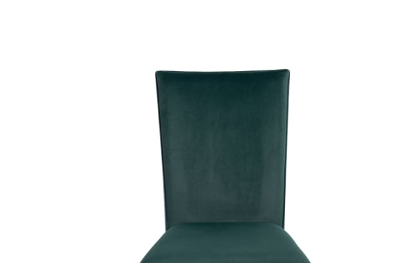 Contemporary Cosmopolitan Dining Chair in emerald green velvet upholstery with solid back, memory foam seat, and espresso-finished wooden legs.