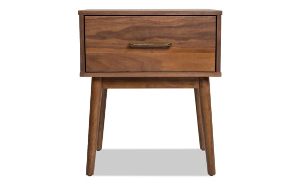 Mid-century modern Bettie Walnut Storage End Table with walnut wood finish, single drawer, brass handle, and tapered legs for compact living spaces.