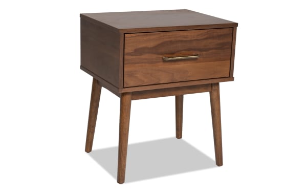 Mid-century modern Bettie Walnut Storage End Table with walnut wood finish, single drawer, brass handle, and tapered legs from Bettie Entertainment & Occasional collection.