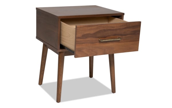 Mid-century modern Bettie Walnut Storage End Table with walnut wood finish, tapered legs, and a single spacious drawer for living room storage.