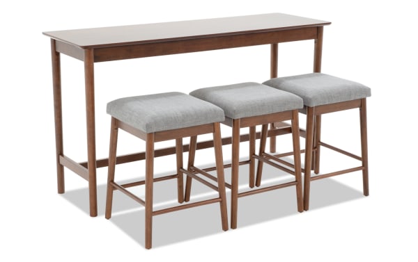 Mid-century modern wooden bar table with three gray upholstered stools, featuring a walnut finish and simple, clean lines for kitchen or dining use.