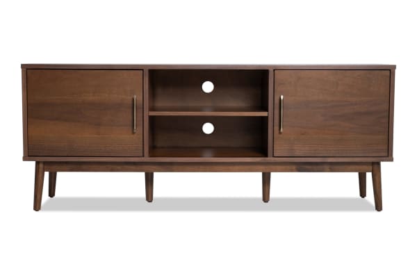 Bettie 60" Walnut wood TV stand with mid-century modern flared legs, two cabinets, open shelving, and cord management cutouts from Bettie Entertainment & Occasional collection.