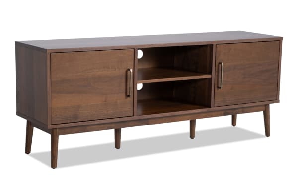 Bettie 60'' Walnut TV Stand with mid-century modern flared legs, wood veneer, two cabinets, open shelving, and cord management cutouts.