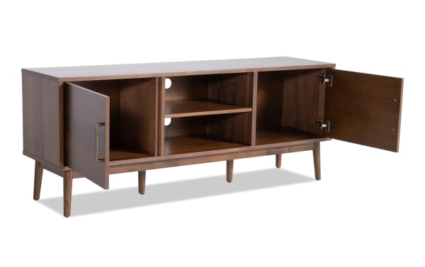 Bettie 60'' Walnut TV Stand with mid-century modern flared legs, wood veneer finish, two cabinets, open shelving, and cord management cutouts.