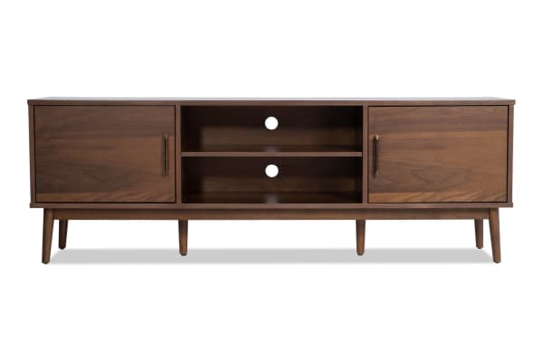 Bettie 70'' Walnut MDF TV stand with mid-century modern flared legs, two cabinets, open shelving, and cord management cutouts.