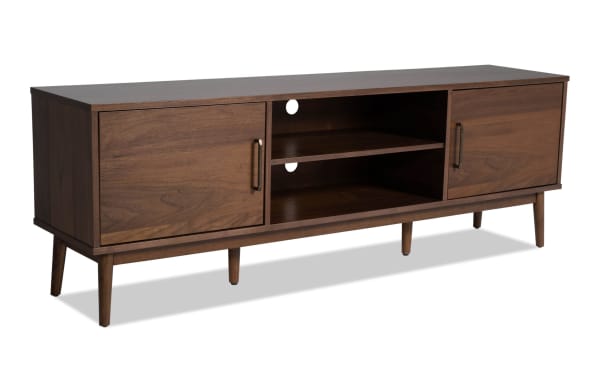 Bettie 70'' Walnut MDF TV stand with mid-century modern flared legs, two cabinets, open shelving, and cord management cutouts.