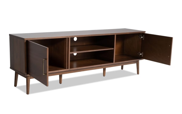 Bettie 70'' Walnut MDF TV stand with mid-century modern flared legs, two cabinets, open shelving, and cord management cutouts.