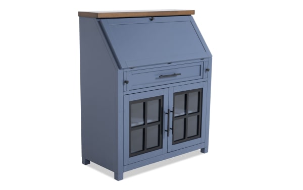 Modern Farm Blue & Brown Drop Lid Desk with Drawer, wood transitional style, blue finish, drop-down top, deep drawer, glass-front cabinet, USB ports.