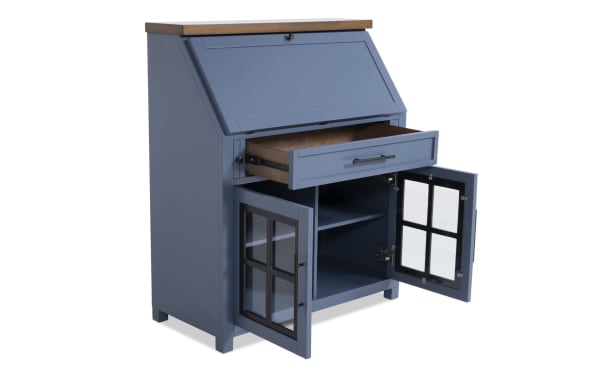 Modern Farm Blue & Brown Drop Lid Desk with Drawer in wood, transitional style, featuring a drop-down top, deep drawer, and glass-front cabinet from Modern Farm Entertainment.