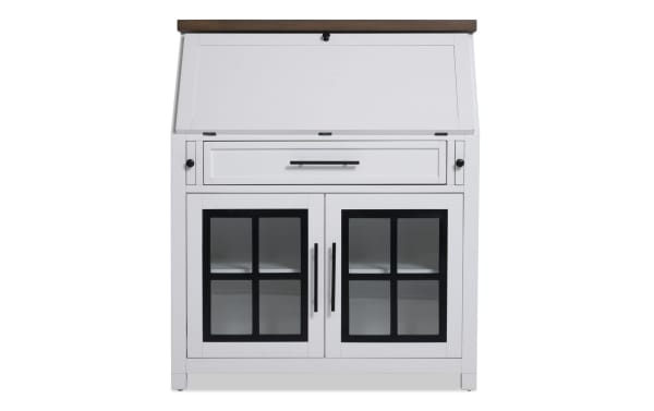Modern Farm White & Brown Drop Lid Desk with Drawer, wood transitional style, featuring a drop-down top, deep drawer, and glass-front cabinet from Modern Farm Entertainment collection.