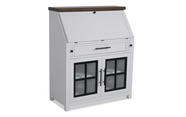 Modern Farm white and brown wood drop lid desk with drawer, glass-front cabinet, USB ports, transitional style from Modern Farm Entertainment collection.