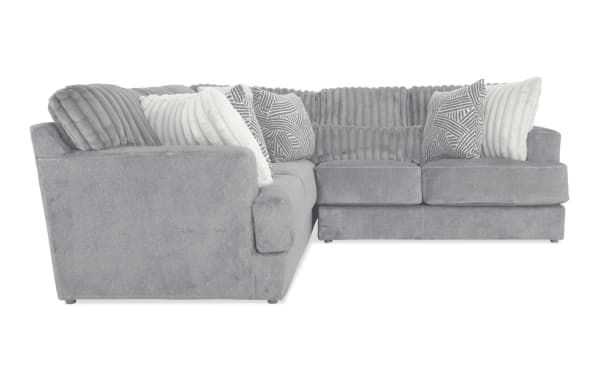 Sofia Gray 104'' 3 Piece Sectional in contemporary gray polyester fabric with plush gel memory foam cushions and textured pillows for soft, cool comfort.
