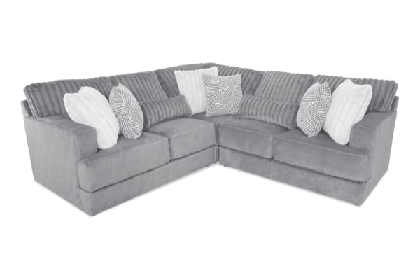 Sofia Gray 104'' 3 Piece Sectional in contemporary gray polyester fabric with plush gel memory foam cushions, featuring ribbed backrests and multiple decorative pillows.