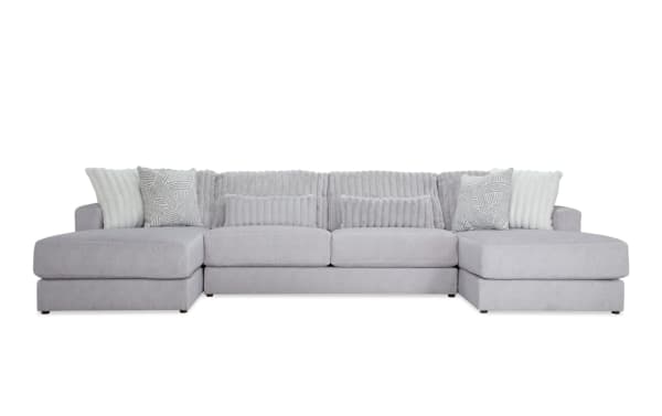 Sofia Gray 153'' 3 Piece Dual Chaise Sectional in gray polyester fabric with transitional style, channel tufted back cushions, and six faux fur pillows for luxury and comfort.
