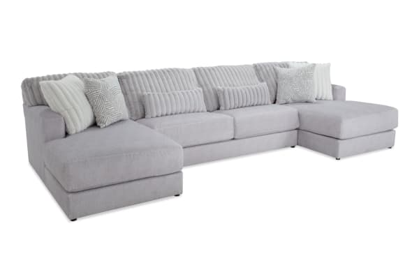 Sofia Gray 153'' 3 Piece Dual Chaise Sectional in gray polyester fabric with channel tufted back cushions, six faux fur pillows, and Bob-O-Pedic memory foam for transitional style comfort and luxury.