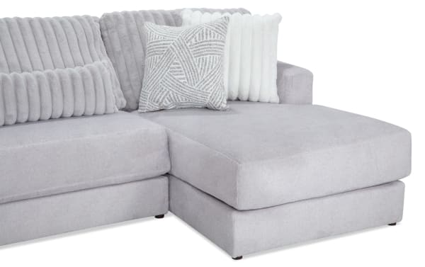 Sofia Gray 153'' 3 Piece Dual Chaise Sectional in gray polyester fabric with channel tufted back cushions and six faux fur pillows, transitional style.