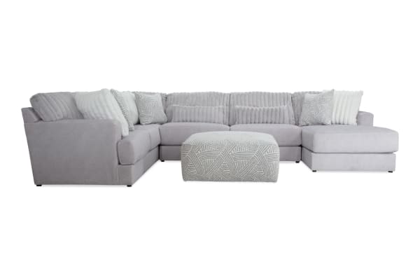 Sofia Gray 159'' 4-piece right arm facing chaise sectional with patterned ottoman, gray polyester fabric, transitional style, includes nine faux fur pillows and channel tufted seat backs.