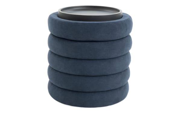 Blair Navy Storage Ottoman in contemporary style with plush navy polyester fabric, featuring a cushioned round base and a removable tray top for storage and serving.