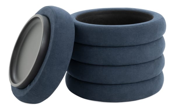 Contemporary Blair Navy Storage Ottoman in navy blue fabric with plush polyester upholstery, featuring a removable lid with built-in tray for storage and serving.