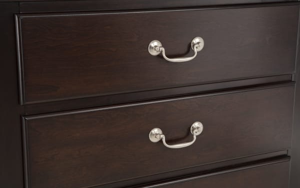 Dark cherry wood Middleton Cherry 5 Drawer Chest with transitional style, featuring sleek metal handles and classic panel detailing for bedroom storage.