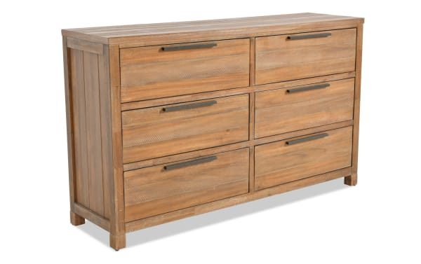 Canyon Light Oak 6 Drawer Dresser in transitional style with acacia veneers, natural distressing, black handles, and spacious felt-lined drawers for versatile bedroom storage.