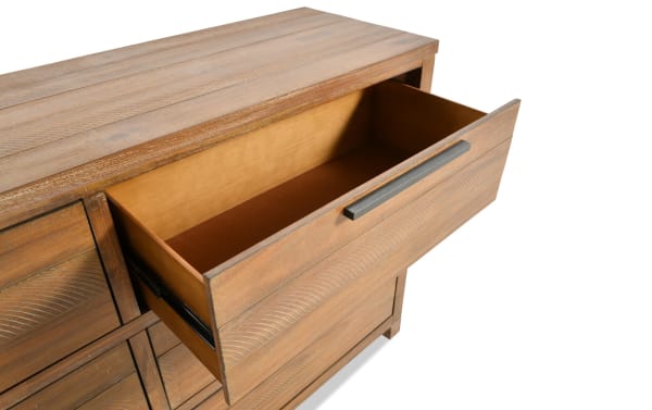 Canyon Light Oak 6 Drawer Dresser in transitional style with acacia veneers, featuring a spacious open drawer and metal handle, part of Canyon Bedroom collection.